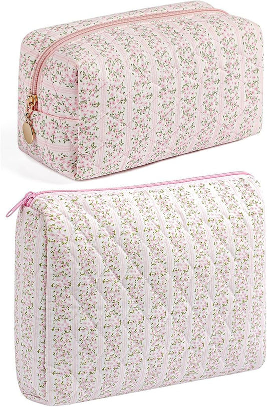 HHQQWZ Makeup Bag Travel Cosmetic Bag for Women Girls, Zipper Make Up Pouch, Floral Flowers Toiletry Organizer Makeup, Portable Storage Cosmetic Travel Cloth Bag (2 Pack (L+S)/Pink Floral)