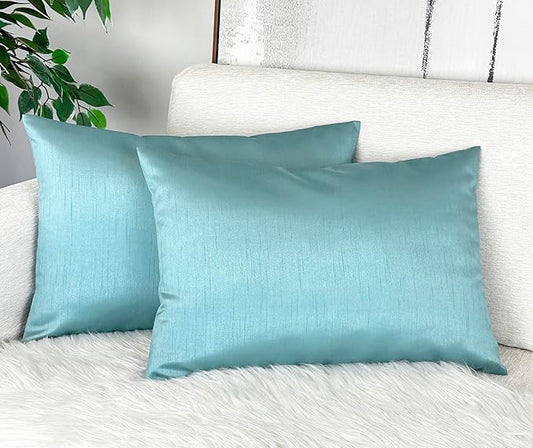 Aiking Home 12x18 Inches Faux Silk Rectangular Throw Pillow Cover, Zipper Closure, Aqua (Set of 2)