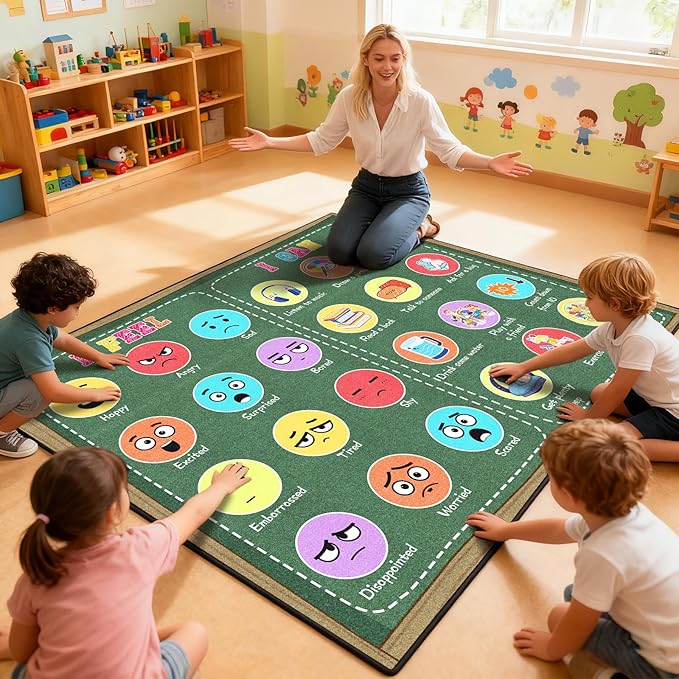 Classroom Rug Elementary 5x7ft for Playroom, Educational Smiley Face Kids Play Mat, Calming Corner Sensory Emotion Feelings Rug for Kids Room Nursery Bedroom, Non-Slip Washable(Green)