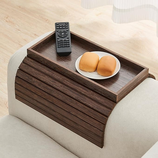 GEHE Bamboo Sofa Arm Tray, Foldable Couch Arm Tray Side Table, Anti-Falling Armrest Tables Cup Holder for Snacks, Drinks, Beers, Phone, Control, Flexible and Portable, Anti-Slip Bottom