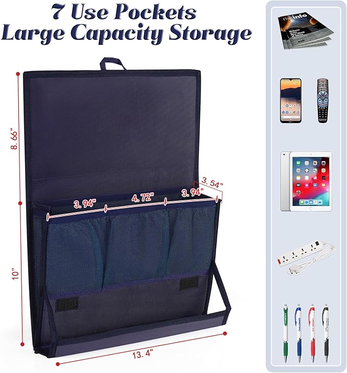 Bedside Storage Organizer with Power Strip Holder and Adjustable Straps Bed Hanging Bag for Home Bunk Bed Dorm Sofa (Navy Blue)