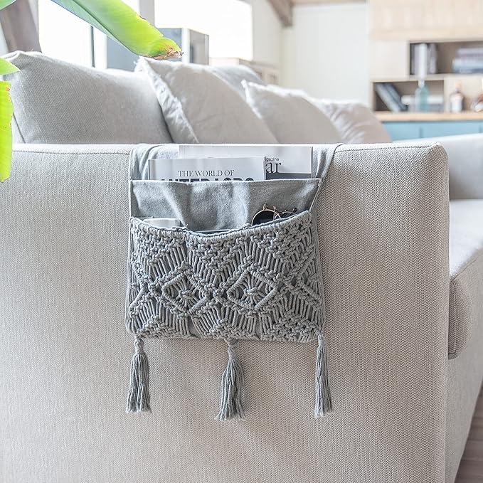 Mkono Macrame Couch Organizer Remote Control Caddy Sofa Armrest Armchair Bedside Storage Holder Bag for TV Remote, Magazine, Books, Cell Phone, iPad, Boho Living Room Home Dorm Decor, Grey