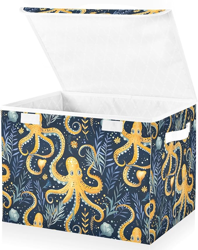 senya Large Storage Bins with Linen Collapsible Foldable Storage Cubes Fabric Closet Organizer Containers box with Flip-Top Lid for Home Bedroom Office 16.7 x 12.6 x 11.8in (Octopus and Water Grass)