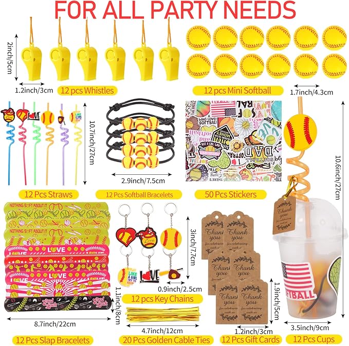 LiYiQ 158 Pcs Softball Party Favors Softball Party Supplies With Cup Straw Stress Ball Keychain Sticker Slaps Bracelets Whistle Thank You Tags For Softball Birthday Decorations (Softball)