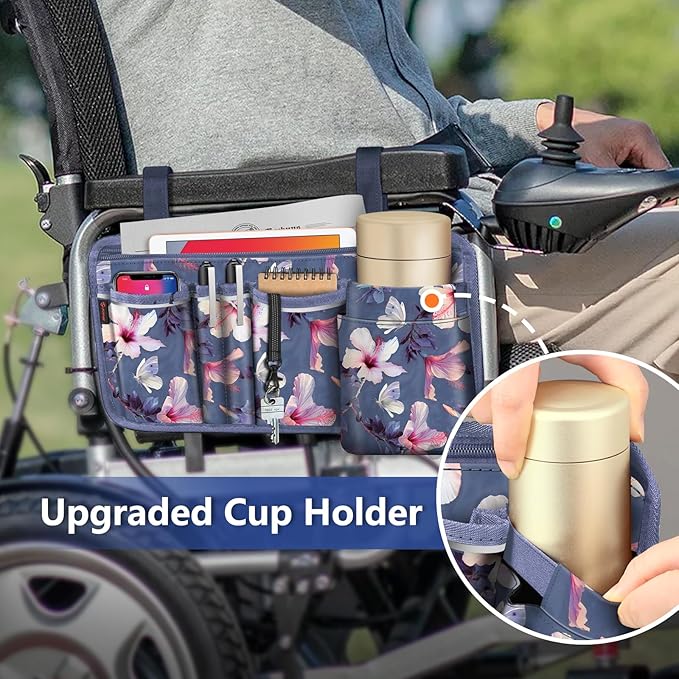 FINPAC Wheelchair Side Storage Bag w/Cup Holder, Wheelchair Armrest Accessories Pouch with Pen Slot and Reflective Strips for Power Walkers, Rollators, Seniors - Blooming Hibiscus