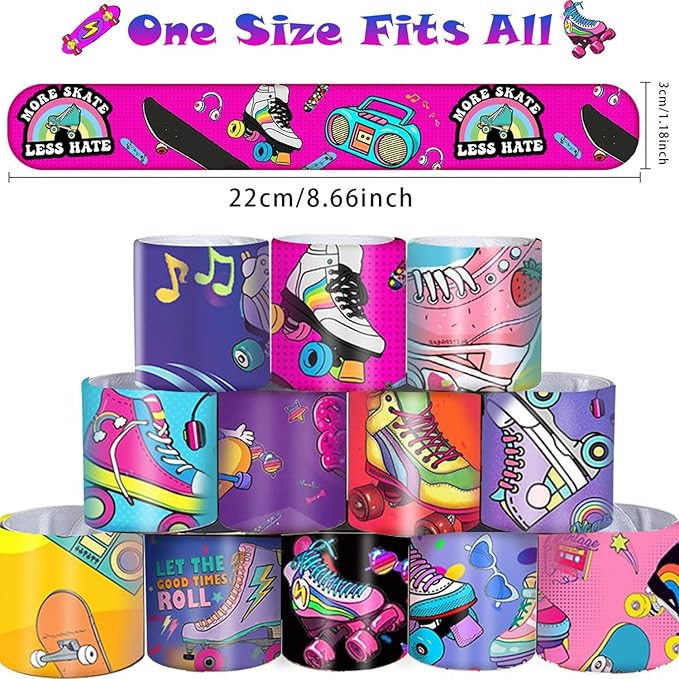 48PCS Roller Skate Party Favors Slap Bracelets, Roller Skate Wristbands Bracelets Goodie Bag Fillers Throwback 90s Roller Skating Hip Hop Birthday Decorations Supplies for Kids Adults
