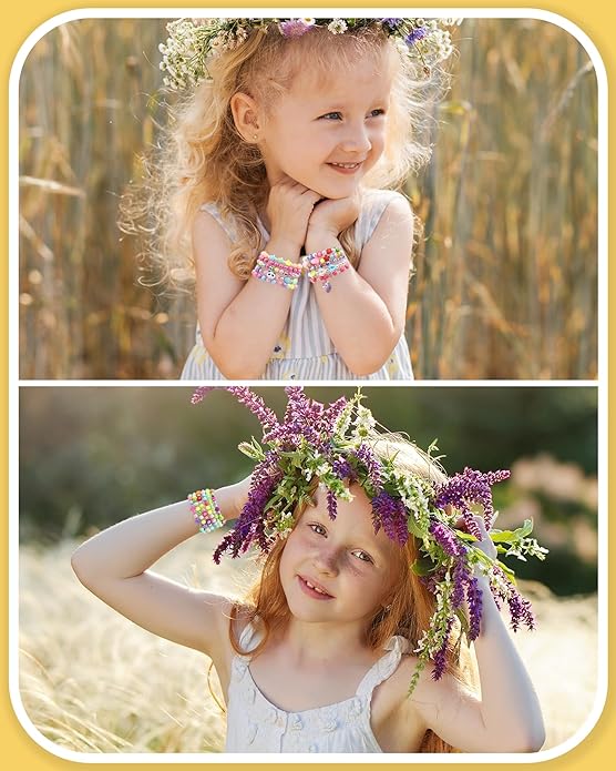 60 pcs Colorful Kids Friendship Bracelet Sets, Stackable Elastic Cute Beaded Bracelets Princess Pretend Play Bracelet Preppy Bracelets Bulk Set for Women Gift