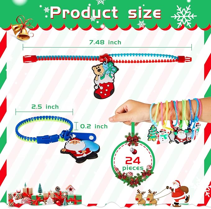 Hicarer 24 Pieces Christmas Zipper Bracelets Fidget Toys Bulk Neon Color Friendship Zipper Bracelet with Snowman Christmas Tree Santa Claus Pendant for Kids Christmas Birthday Party Favors