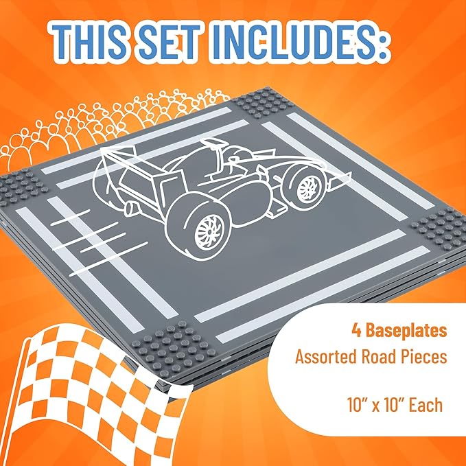Strictly Briks Compatible with Lego Building Blocks Road Plates 10" x 10", 4 Pack Brick Baseplates for City Road, Street, Race Track, Classic Size (2 Straight + 1 Curved + 1 Intersection)