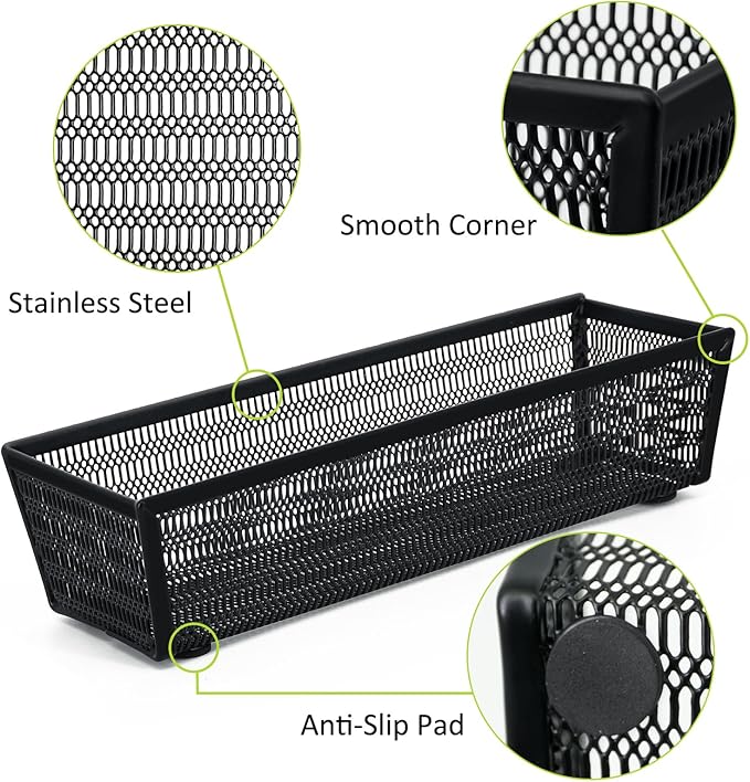 Neudeco Drawer Organizer Set 5 Pack - 4-Compartment Silverware Organizer Tray + 4 Utensil Trays, Kitchen Drawer Organizer for Flatware, Cutlery, Office Supplies, Black Mesh, Non-Slip.