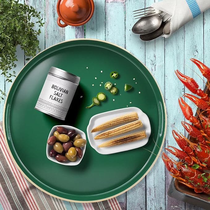 Omuriko Green Round Decorative Tray with Handles, 13" Versatile Serving Tray for Coffee Table, Ottoman, Ideal for Serving, Displaying, Organizing