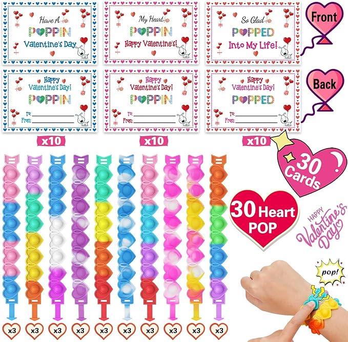 30 Packs Valentine's Day Cards for Kids with Heart Pop Bracelets Bubble Toys, Valentine's Day School Classroom Prizes, Valentine Exchange Gift, Kids Valentine Party Favors