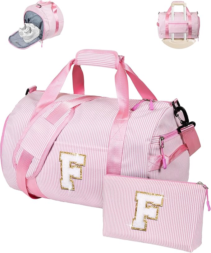 Teen Girl Gifts Trendy Stuff, Girls Travel Duffle Bag, Kids Initial Overnight Bags with Shoe Compartment, Personalized Weekender Bag with Makeup Pouch, Sweet 16 Gift (Letter F)