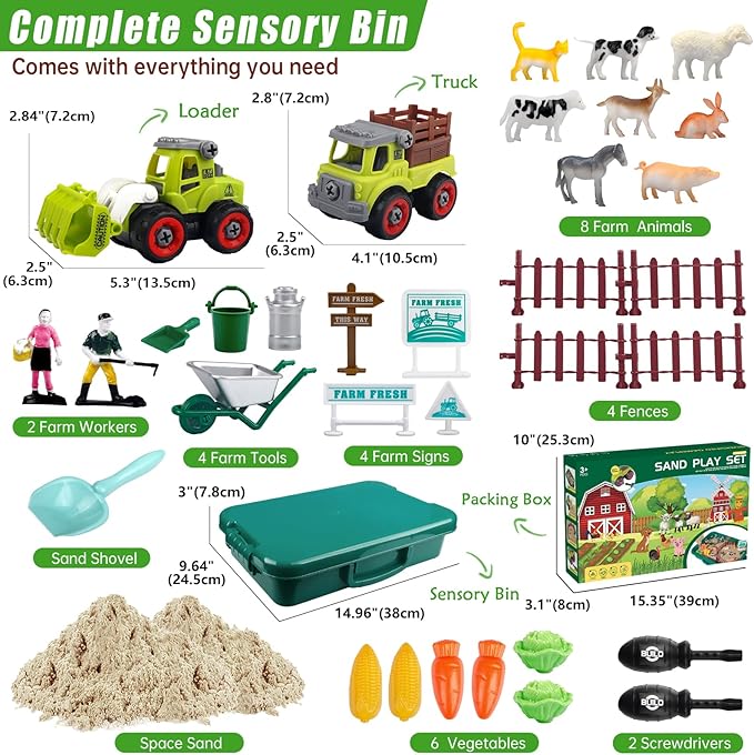 Farm Sensory Bin, Farm Toys & 2.2lbs Play Sand, Farm Animals, Farm Trucks, Sand Box with Lid, Christmas Birthday Gift for Kids Toddlers Ages 3 4 5 6 7 8