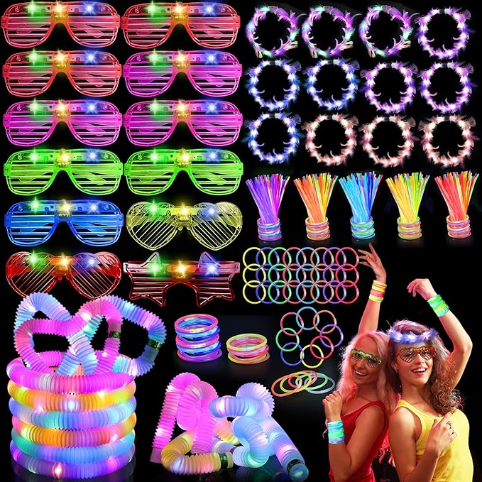 156 PCS Glow in the Dark Party Supplies, 12 Light Up Pop Tubes, 12 LED Glasses, 12 Light Up Headband, 20 Finger Lights and 100 Glow Sticks, Neon Party Favors for Glow Party, Birthday