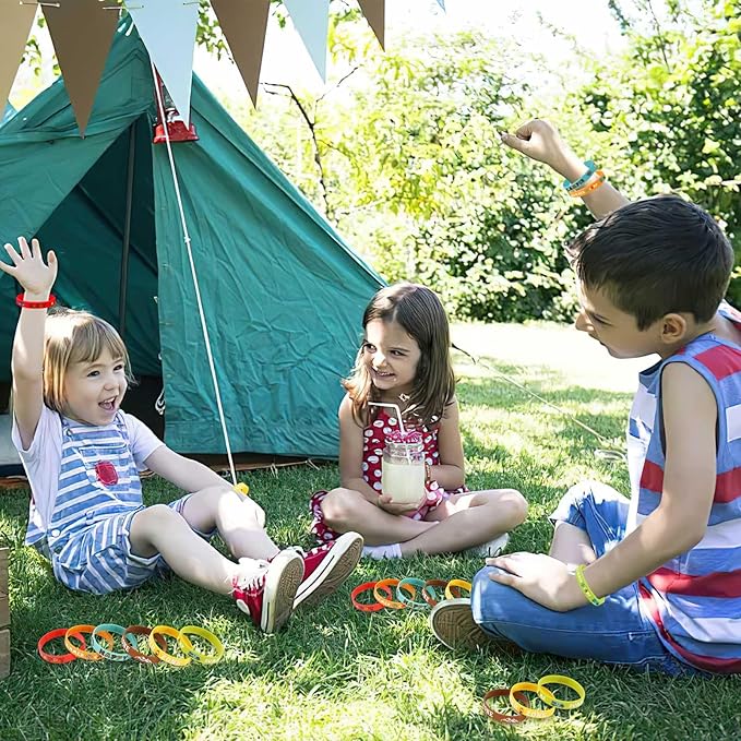 JUNEBRUSHS 42pcs Camping Party Favors Silicone Bracelets Summer Camping Theme Rubber Wristbands Accessories for Adults Camping Adventure Birthday Party Decorations Gift Supplies