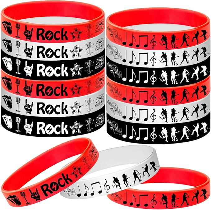 48PCS Rock and Roll Rubber Bracelets Silicone Wristbands -Rock and Roll Music Notes Party Supplies Decorations Guitar Audio Record Microphone Rap Birthday Baby Shower Party Favors