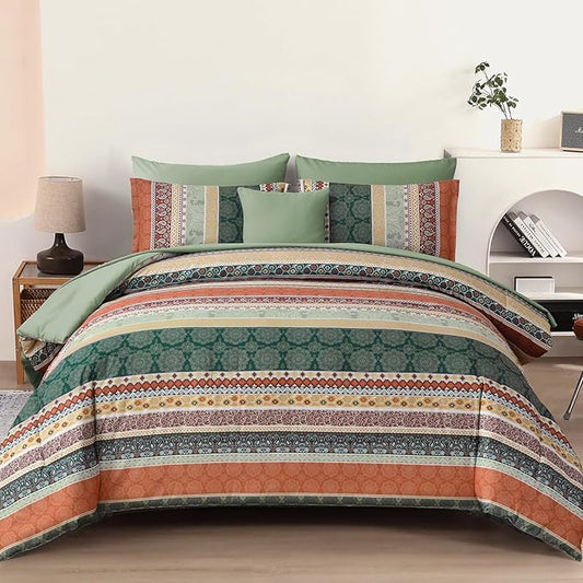 Cottolester Boho Comforter Set Queen Size,8 Pieces Sage Green and Orange Bohemian Striped Bed in a Bag,Paisley Soft Microfiber Bedding Comforter Set