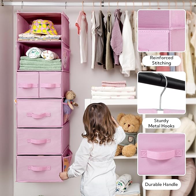 GRANNY SAYS Hanging Closet Organizers and Storage, 6 Shelves Closet Hanging Organizer with 6 Side Pockets, 5 Drawer Storage Organizer, Portable Hanging Shelves for Baby Closet, Pink Shelf