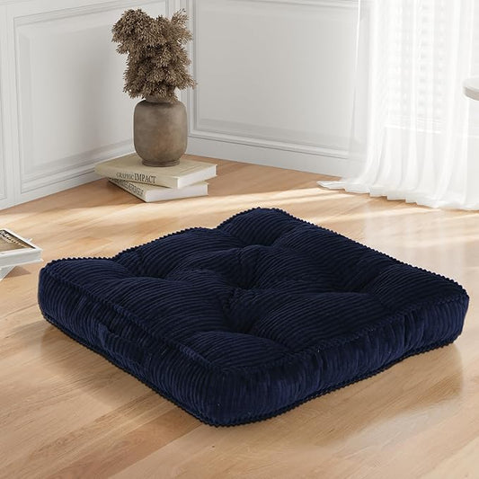 Square Floor Pillow for Adults, Tufted Floor Cushion for Sitting, Large Meditation Cushion, Thick Corduroy Seat with Handle, Tatami Seating for Yoga, 24x24 Inch Navy Blue, 1Pack