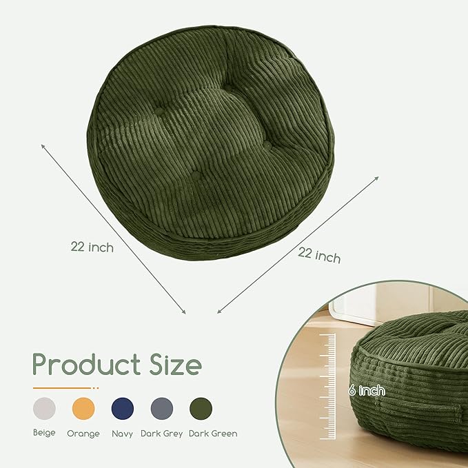 6" Washable Floor Pillow Cushion for Adults, Meditation Cushion Pillow, Large Round Floor Sitting, Removable Tufted Corduroy Cover, for Tatami Living Room or Yoga, 22x22 Inch, 2Pack, Machine Washable