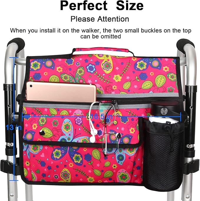 Wheelchair Storage Bag, Double-Sided Armrest Pouch with Cup Holder and Reflective Strip, for Wheelchairs and Walkers (Red Butterfly)