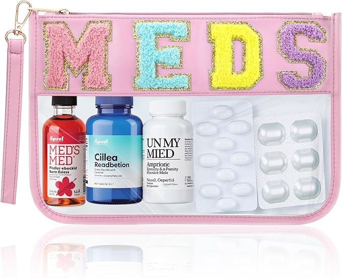 BuyCard Chenille Letter Clear Medicine Bags, Makeup Meds Bags, Preppy Patch Cosmetic Bag with Zipper&Wristlet, Waterproof PU&PVC Toiletry Medicine Storage Case, Portable Travel Drugs Pills Pouch Pink