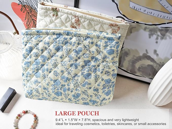 HAPPYHEIDI Cotton Quilted Makeup Bag Cosmetic Toiletry Travel Pouch Purse accessory Organizer, Little Blue Orchids