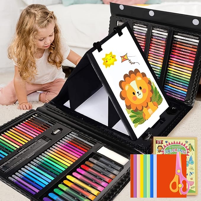 Art Supplies Kit for Kids Ages 5-12, 208-Pack Gifts Art Case Coloring Set, Drawing Kits with Trifold Easel, Arts Set for Girls Boys, Crayons, Markers, Coloring Book, Scissors, Sticker, Origami Paper