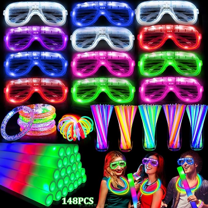 148 PCS New Years Eve Glow in the Dark Party Supplies Favors- 24 Pcs 16" Foam Glow Sticks+12 Pcs LED Glasses+12 Pcs Light Up Bracelets+100Pcs Glow Sticks Bulk Party Pack for Birthday Wedding Carnival