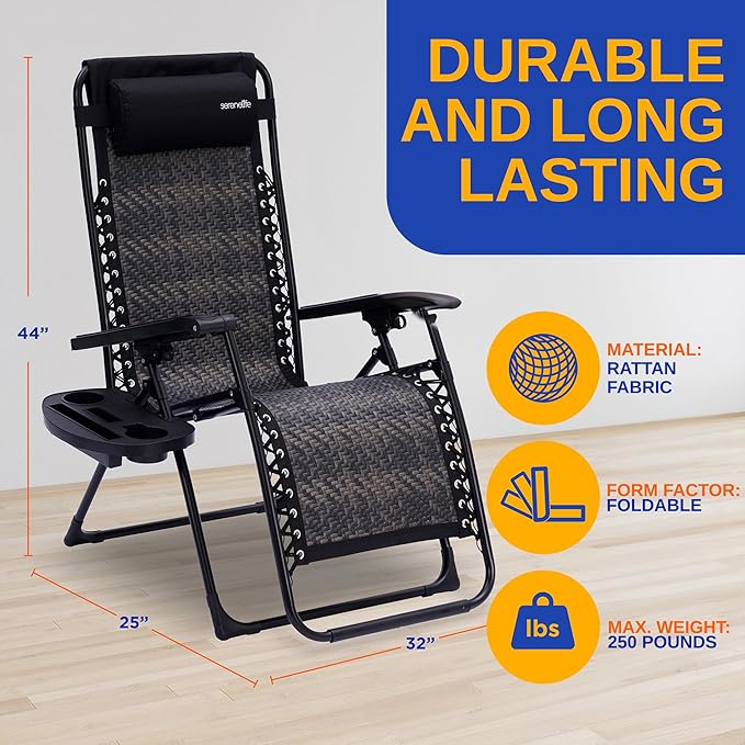 SereneLife Outdoor Zero Gravity Lawn Chair Black Adjustable Foldable Recliner with Detachable Side Table Cup Holder Padded Pillow Lightweight Patio Furniture Reclining Chair for Outdoors