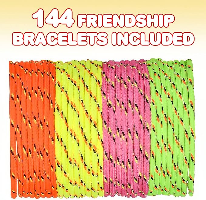 ArtCreativity Adjustable Friendship Bracelets - Pack of 144 Fabric Material Wristbands in Assorted Neon Colors - Fun Party Favor, Carnival Prize - Amazing Gift for kids, adults and pets