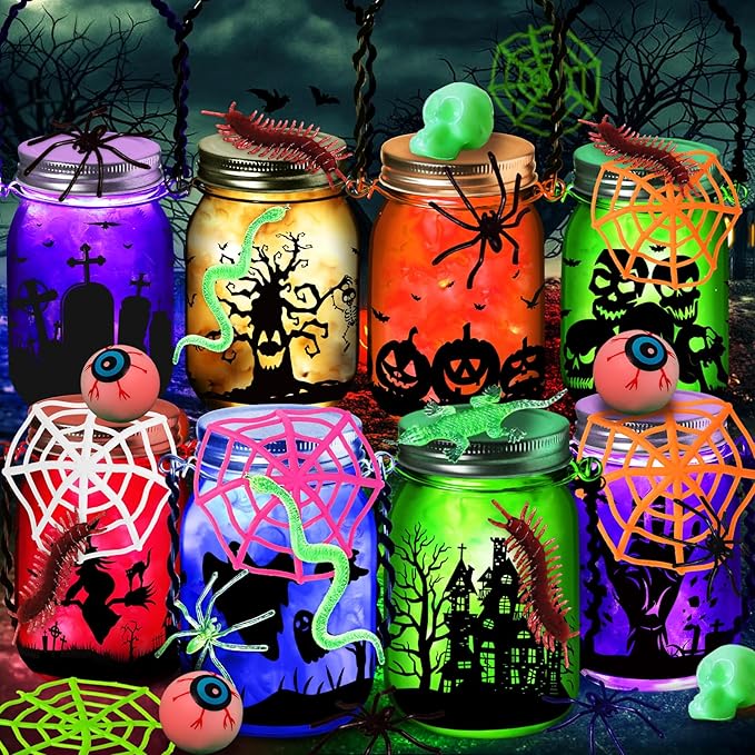 Halloween Crafts Activities For Kids Ages 4-12,8 Pack Glass Mason Jar for School Halloween Art Activities,Halloween Craft Supplies,DIY Lantern Jar for Gifts Halloween Party Favors,Classroom Prizes