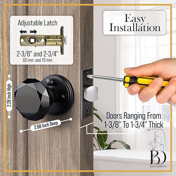 Black Crystal Door Knob with Lock, Glass Door Knobs Interior Privacy Set, Vintage Decorative Antique Style Handle for Bedroom, Bathroom, Closet, 2 Pack