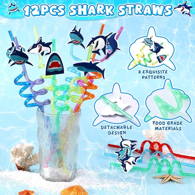 Golray 110Pcs Shark Party Favors Birthday Supplies, Straws Bubble Wands Slap Bracelet Keychain Tattoo Sticker Toy Gift Kids Boys Shark Goodie Bag Stuffer Ocean Under the Sea Party Favors