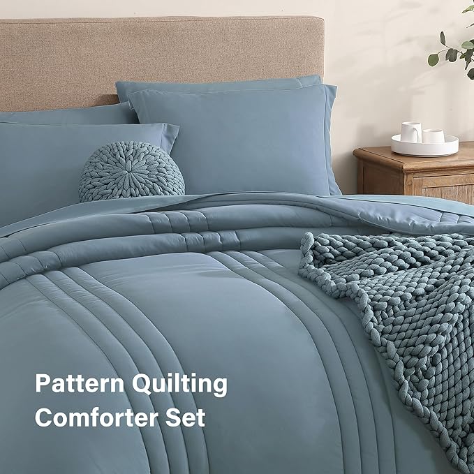 Monbix King Size Comforter Set - 7 Pieces Bed in a Bag King, Dusty Blue Bedding Sets with Comforter, All Seasons Comforter Bed Set with Sheets, Pillowcases & Shams