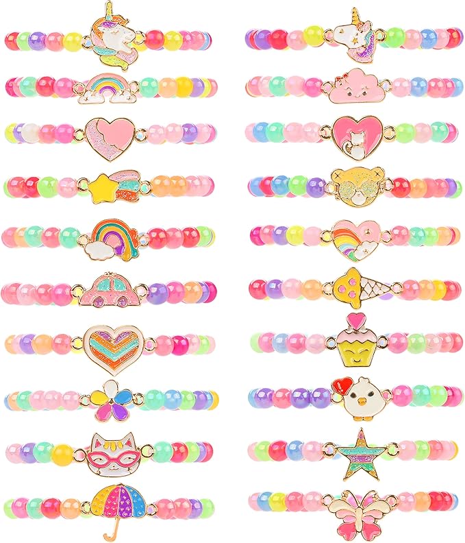 20 Pcs Colorful Unicorn Bracelet Girls Rainbow Unicorn Heart Beaded Bracelet Stretchy Costume Jewelry Set Party Favors Gifts Friendship Bracelets for Kids Little Girls (Bead Style)