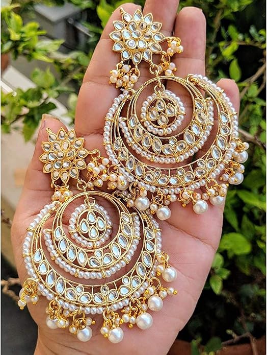 Aheli Bollywood Ethnic Chandbali Style Big Earrings Maang Tikka Set Traditional Fashion Jewelry Gift for Women