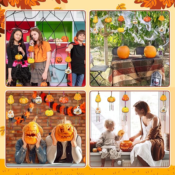Fennoral 9 Pack Pumpkins Wind Chime Kit for Kids Make Your Pumpkin Wind Chimes Wooden Arts and Crafts for Kids DIY Coloring Pumpkin Craft for Party Supplies Fall Thanksgiving Decoartion