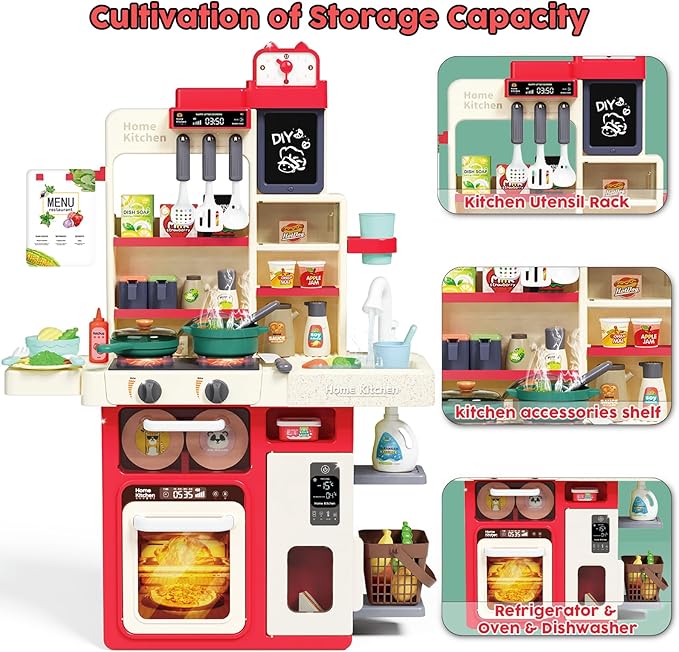 Kids Kitchen Playset: Realistic Lights & Sounds, Spray and Play Sink Simulated, Kitchen Cooking Accessories, Play Food, Ideal Gift Pretend Play Kitchen Set for Kids Girls Boys Ages 3 4 5 6+