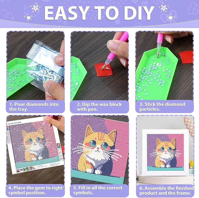 hkejoi Cat Diamond Painting Kits with Frame, Cat Diamond Art Kits, Cat Gem Art Kit, Crystal Art for Gift Home Wall Decor 7x7 Inch