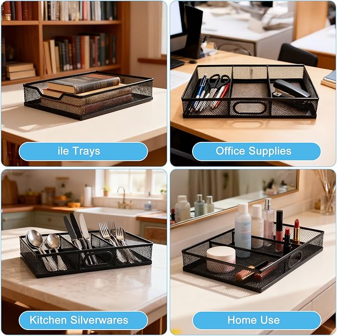 Office Drawer Organizer, 2 Pack Metal Mesh Desk Draw Divider, Versatile Desktop Organizer Tray to Keep Supplies Tidy and Easy to Access, Stackable A4 Paper Holder Tray