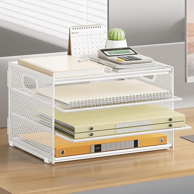 Subekyu Paper Letter Tray Organizer for Desk, White Metal Mesh Desk File Sorter Organizer with Handle and 2 Sliding Trays for Home Office School Supplies Organization