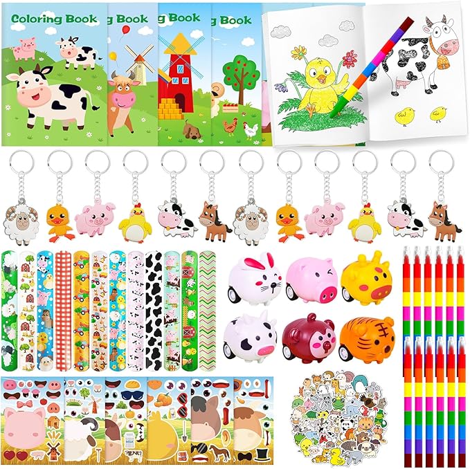 Farm Animals Party Favors,Farm Animal Coloring Books and Eight Color Crayons,Keychains Pull Back Cars Slap Bracelets Stickers For Kids