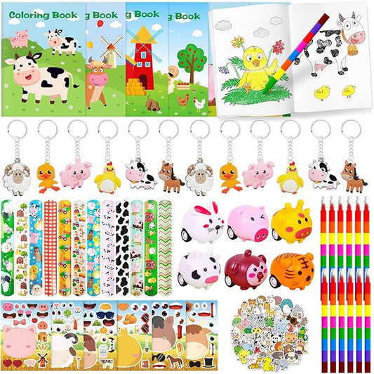 Farm Animals Party Favors,Farm Animal Coloring Books and Eight Color Crayons,Keychains Pull Back Cars Slap Bracelets Stickers For Kids