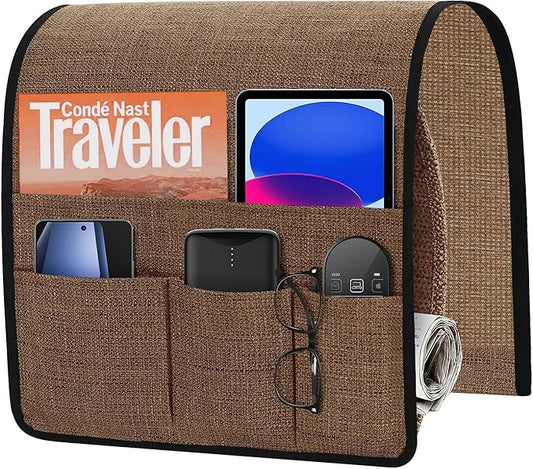 Joywell Sofa Armrest Organizer Couch Armchair Caddy Remote Control Holder for Recliner Non Slip TV Remote Caddy with 6 Pocket Storage for Magazine, Tablet, Phone, iPad, Brown