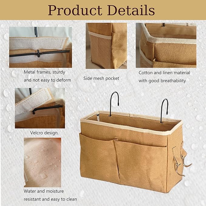 Someteth Bedside Caddy Bedside Hanging Storage Basket Multi-Function Organizer Caddy for Bunk and Hospital Beds Dorm Rooms Bed Rails, Can be Placed Glasses Books Mobile Phones（Dark khaki）
