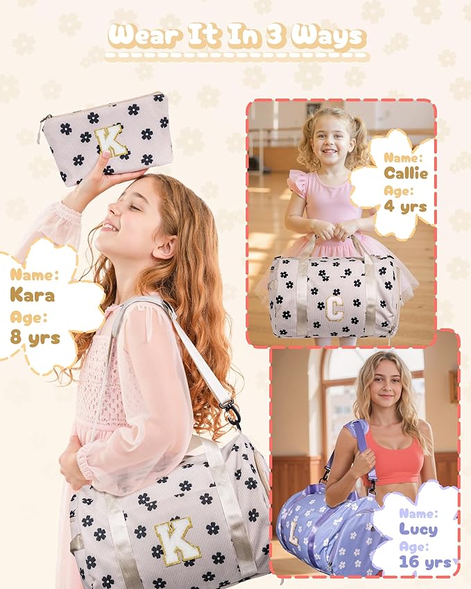 Trip Essentials for Teenager, Girls Gym Bag, Kids Personalized Overnight Duffel Bags with Shoe Compartment, Customized Travel Duffle with Toiletry Bag, Sister Birthday Gifts (Letter Y)