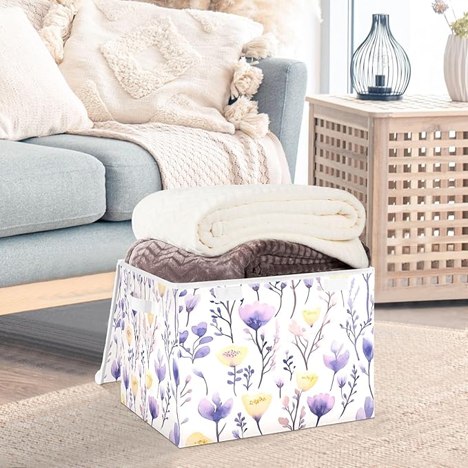 senya Large Storage Bins with Linen Collapsible Foldable Storage Cubes Fabric Closet Organizer Containers box with Flip-Top Lid for Home Bedroom Office 16.7 x 12.6 x 11.8in (Yellow Purple Flower)