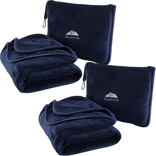 BlueHills Premium Soft 2-Pack Travel Blanket Pillows Airplane Large Plane Flight Throw Blankets for Two in Bag Compact Traveling Essentials Set Packable Warm Gifts Navy Blue T011